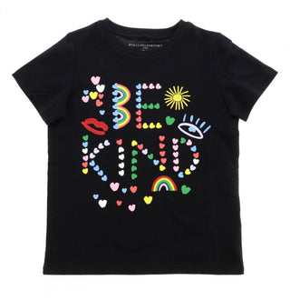 Stella McCartney Black “Be Kind” graphic tshirt w/heart pattern, 10 years