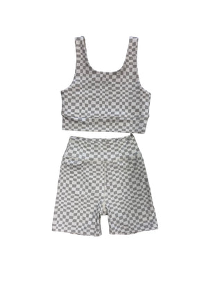 Play by Rylee + Cru White and grey checkered sports bra and short set, 8-9 years