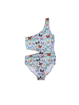 Stella Cove Blue asymmetrical one piece w/butterflies, 8 years