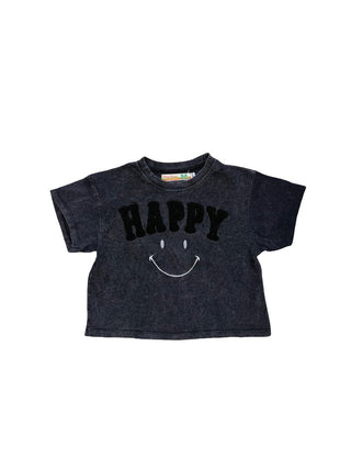 Vintage Havana Charcoal tee w/“happy” chenille letter patches, M (10-12 years)