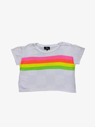 Flowers by Zoe White tshirt with rainbow stripe, large