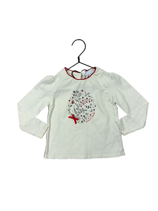 Tartine et Chocolat Cream Long Sleeve with Leaf Graphic and Red Bow, 2 years