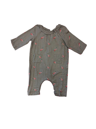 Bonpoint Ruffle Collar Taupe Jumpsuit with Floral Pattern, 6 months