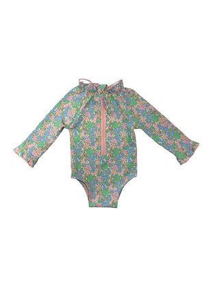 Bonton Mixed Floral Print Hat and Longsleeve Swimsuit Set , 6 months