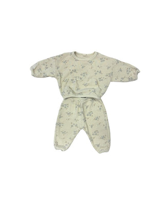 Quincy Mae Cream Waffle Knit Set with Blue and Beige Floral Pattern, 3-6 months