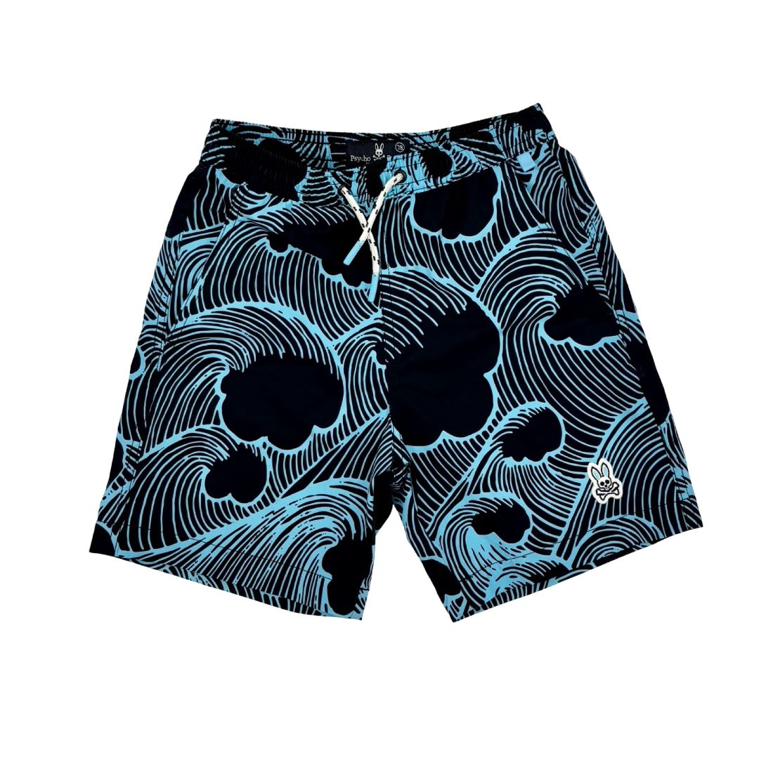 Pyscho Bunny black/blue wave swim shorts, 7-8 years