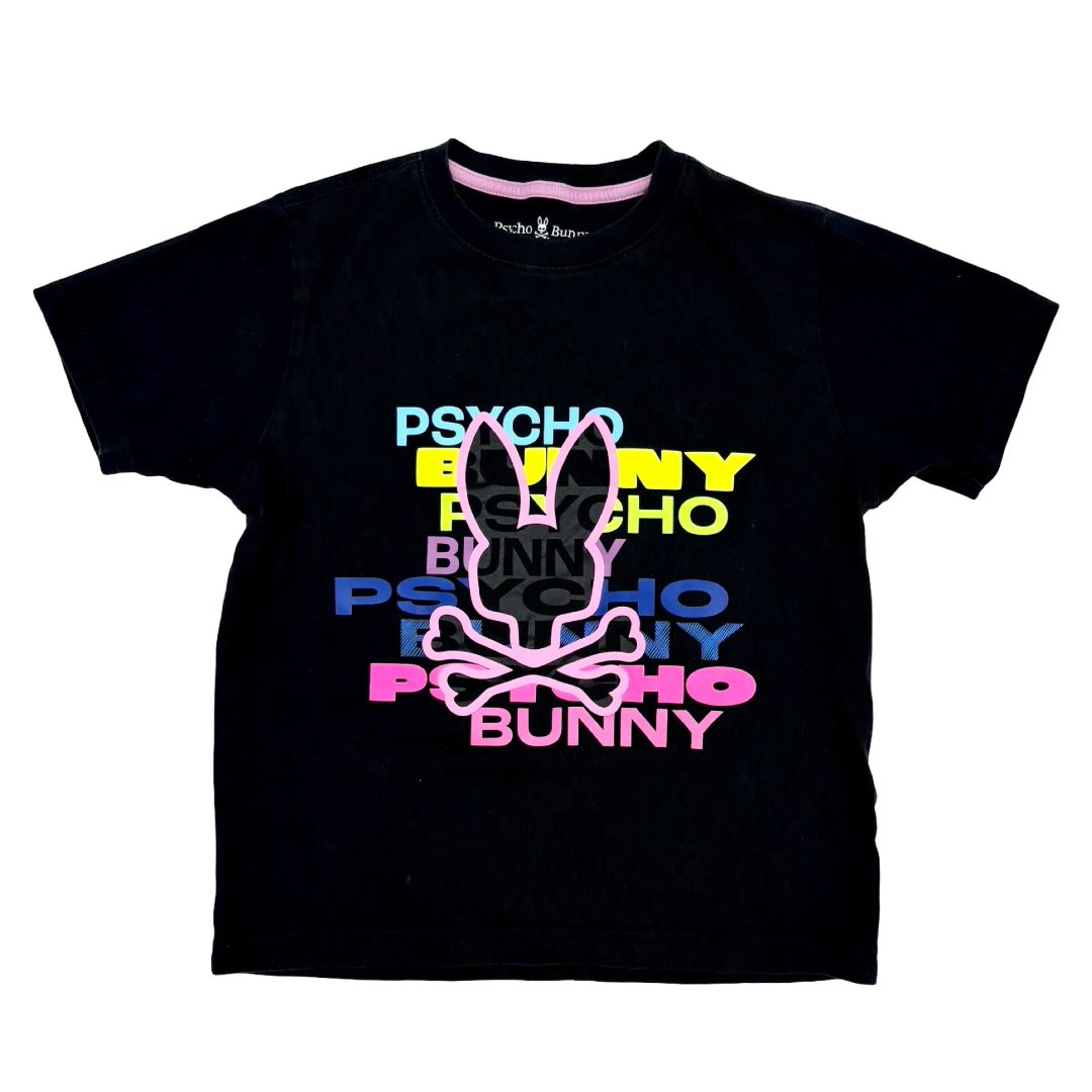 Pyscho Bunny black w/rainbow bunny tshirt, 10-12 years