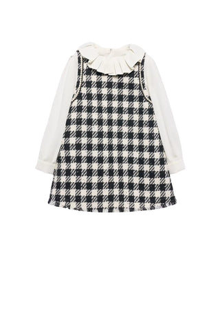 Abel & Lula Black and White Shiny Dress with White Blouse Underneath, 8 years