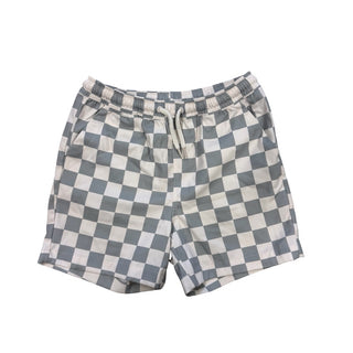 Rylee + Cru Grey and white checkered swim shorts, 6-7 years