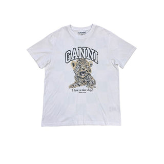 Ganni White Tee with Leopard Graphic, S