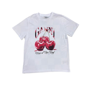 Ganni White Tee with Cherry Graphics, S
