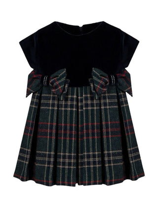 Lapin House Blue Velvet Top with Tartan Skirt and Bow Dress, 8 years