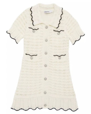 Monnalisa Cream Knit Dress with Black Trim, 7-8 years