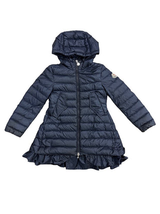 Moncler `Navy Blue Midlength Puffer Jacket With Ruffle Hem , 8 years
