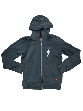 Aviator Nation Navy Blue Zip Up Hoodie with Lightning Bolt Graphics, 14 years