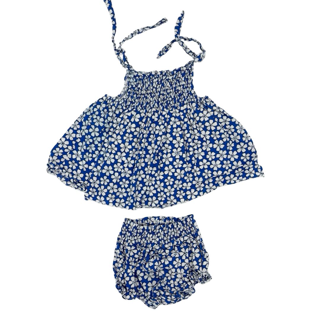 Fleurisse blue floral dress/bloomer set, 6-9 months