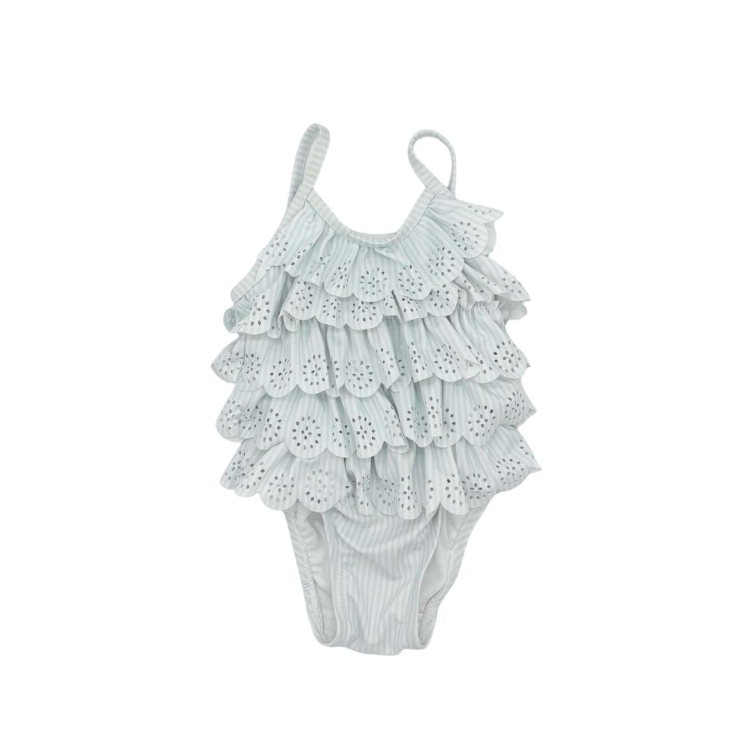 Gap baby blue stripped swim suit w/ruffles, 6-12 months
