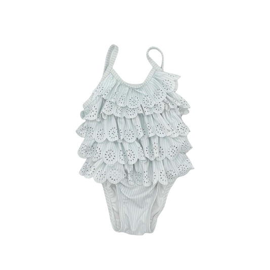 Gap baby blue stripped swim suit w/ruffles, 6-12 months
