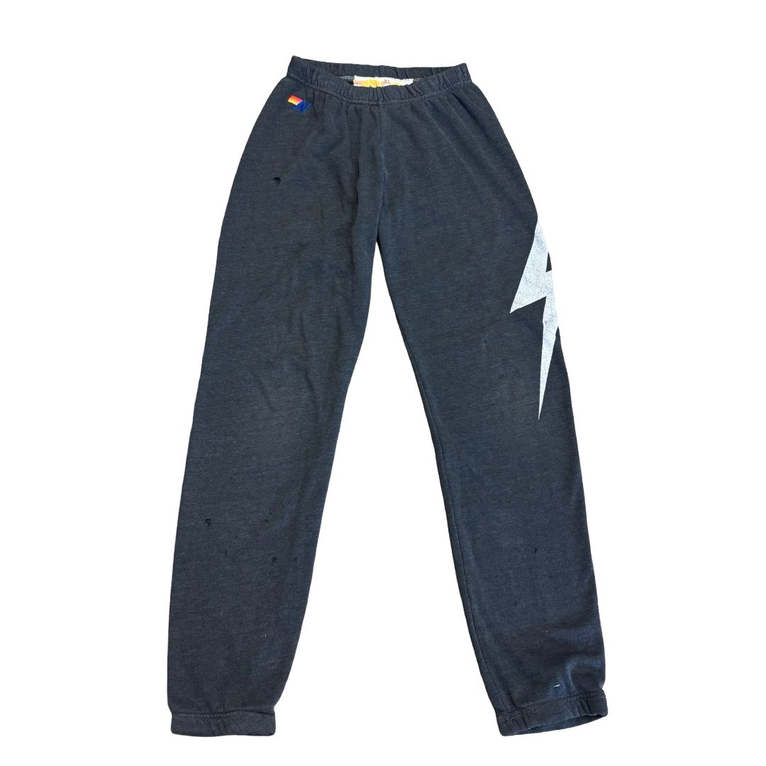 Aviator Nation black lightning bold sweats w/some holes, xs adult