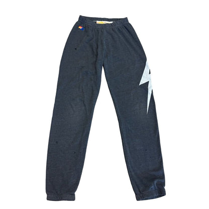 Aviator Nation black lightning bold sweats w/some holes, xs adult