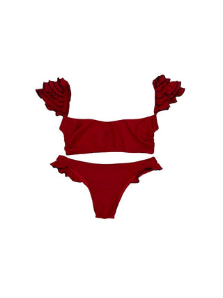 Shadi Red bikini with black detailed ruffle sleeve, S