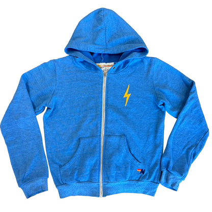 Aviator Nation blue w/yellow lightning bolt zip up, 14 years