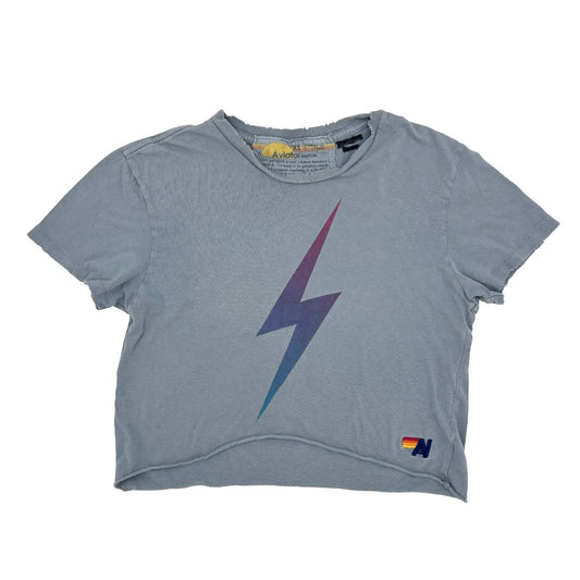 Aviator Nation grey w/purple lightning bold crop tshirt, xs womens