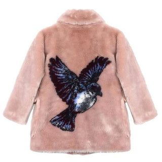 Stella McCartney Light Mauve Faux Fur Jacket with Bird on Back, 4 years