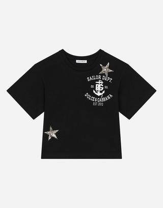 Dolce & Gabbana Navy Blue Tee with Sailor Graphics and Sequin Stars, 9-10 years
