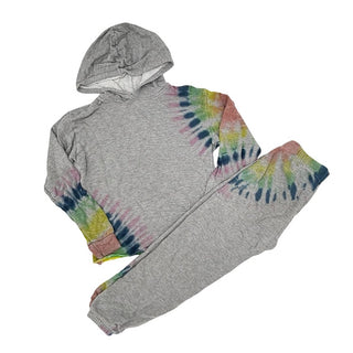 Flowers By Zoe grey/rainbow tie dye top/pant set, medium