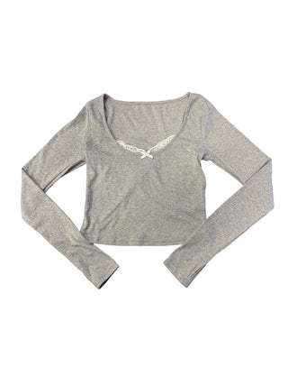 Edikted Grey Crop Longsleeve with Fooler Lace Insert,  O/S