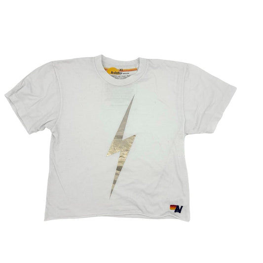 Aviator Nation white w/gold lightning bold crop tshirt, xs womens