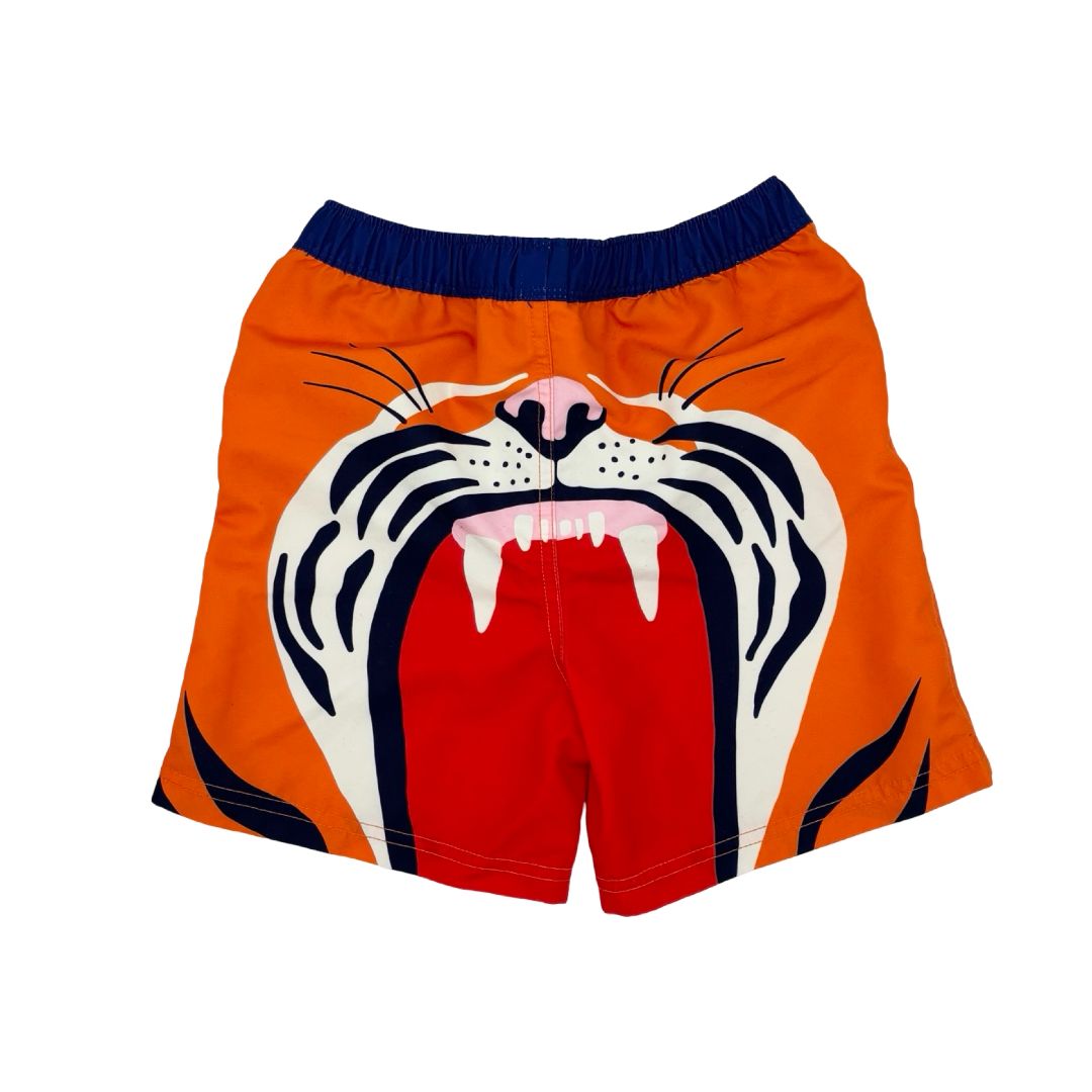 Mini Boden orange tiger swim shorts, 6-7 years