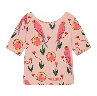 Mini Rodini Girls pink cotton parrot Malorca tshirt, 7-9 years