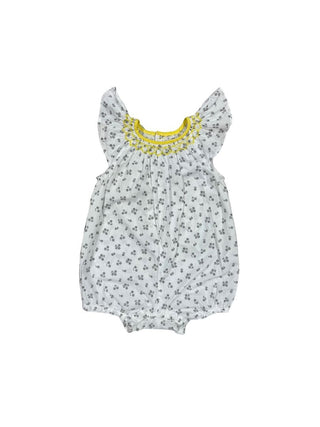 Jacadi White Bubble Romper with Flutter Sleeve, Yellow Smocking and Brown Floral Ditsy Print, 12 months