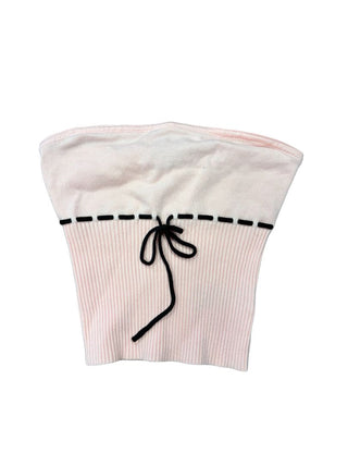 Edikted Light Pink Ribbed Tube Top with Black Bow, XS