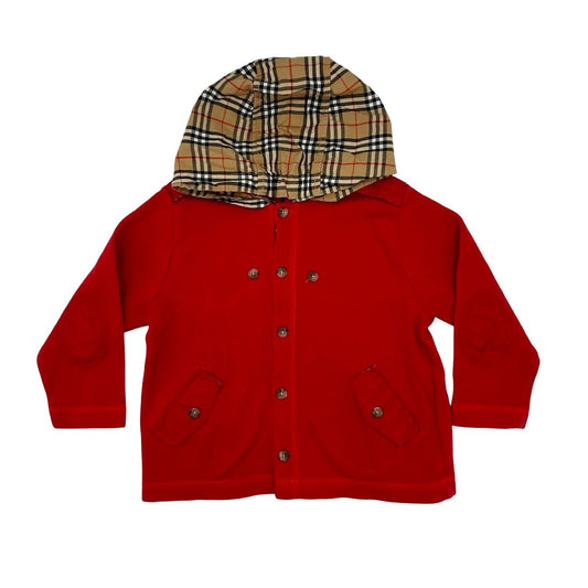 Burberry orange buttonup w/plaid hood, 4 years