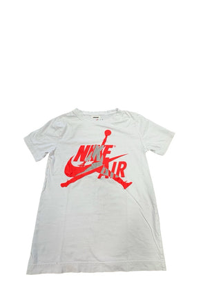 Air Jordan White t-shirt with big orange logo, small 8-10y