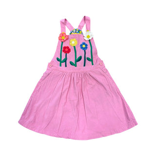 Mini Boden Pink corduroy pinafore dress w/embroidered floral appliqués, 7-8 years