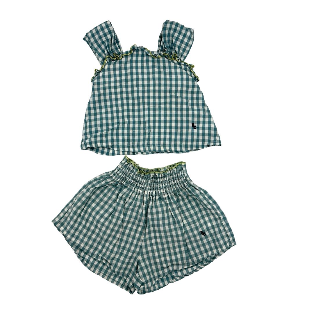 Bobo Choses turquoise gingham top/short set, 2-3 years