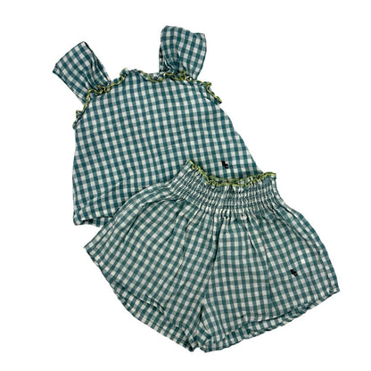 Bobo Choses turquoise gingham top/short set, 2-3 years