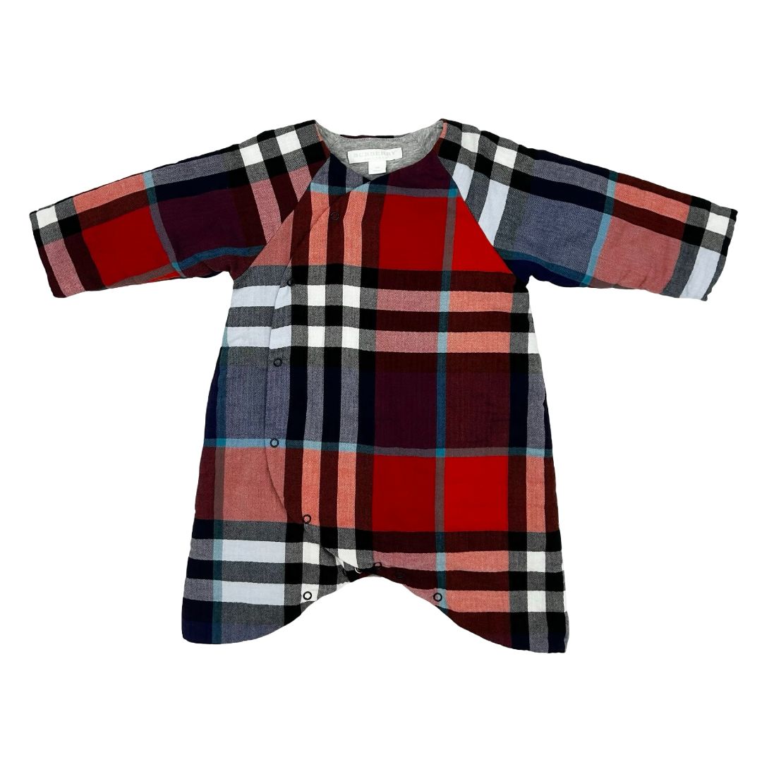 Burberry red checkered padded playsuit, 6 months