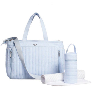Armani Diaper bag baby blue stripes brand new with tags w/ changing pad and bottle cover