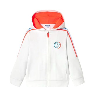 Jacadi White zip-up athletic jacket with colorful sleeve stripes, 8 years