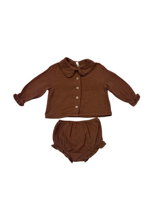 Rylee + Cru Brown button up set with frills, 6-12 months