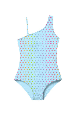 Limeapple swim New with tags multi color heart one shoulder one piece, 8-10 years