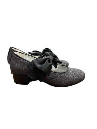 Monnalisa Black Glitter Shoes with Block Heel and Bows, 29 EU