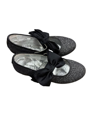 Monnalisa Black Glitter Shoes with Block Heel and Bows, 29 EU