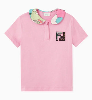 Fendi Pink Tee with Green Collar and Embroidered Patch Logo, 10 years