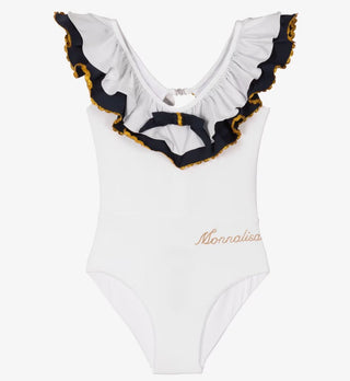Monnalisa White and Navy Swimsuit with Ruffle and Gold Trim, 7-8 years